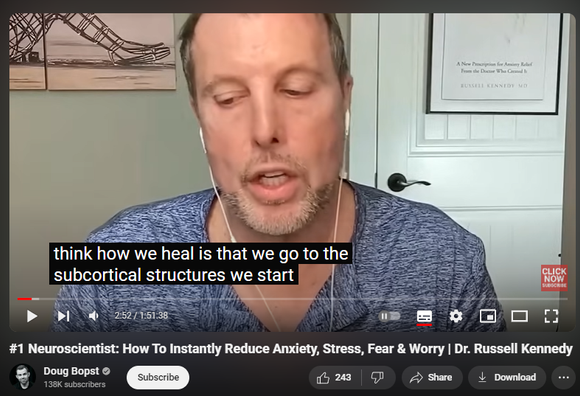 https://www.youtube.com/watch?v=8Orkym6cczM
#1 Neuroscientist: How To Instantly Reduce Anxiety, Stress, Fear & Worry | Dr. Russell Kennedy
9,169 views  31 Aug 2024  The Adversity Advantage Podcast (full episodes)
Dr. Russell Kennedy, aka “The Anxiety MD.” Dr. Kennedy specializes in the art and neuroscience of helping people recover from anxiety disorders. He knows anxiety from the inside out, as he developed his own anxiety disorder due to growing up with a dad with severe schizophrenia. Dr. Kennedy has degrees and advanced training in medicine, neuroscience and developmental psychology —but it’s not all science, as he is also a certified yoga and meditation teacher and was a professional stand-up comedian for over a decade (no joke!) In his award-winning book and audiobook, ANXIETY RX, he shows a practical, actionable program for anxiety relief that incorporates a combination of the latest in neuroscience with the grounding wisdom of the body with the ultimate goal of relieving the anxious thoughts of the mind.