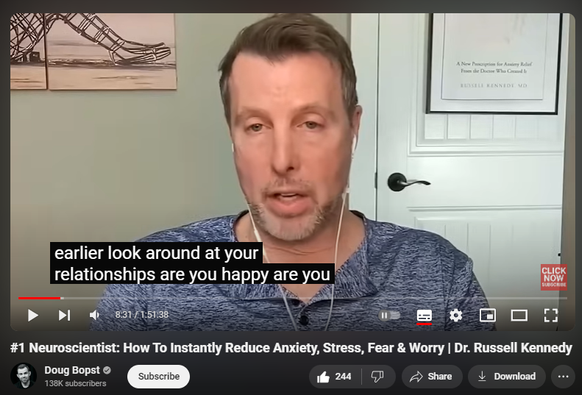 https://www.youtube.com/watch?v=8Orkym6cczM
#1 Neuroscientist: How To Instantly Reduce Anxiety, Stress, Fear & Worry | Dr. Russell Kennedy
9,169 views  31 Aug 2024  The Adversity Advantage Podcast (full episodes)
Dr. Russell Kennedy, aka “The Anxiety MD.” Dr. Kennedy specializes in the art and neuroscience of helping people recover from anxiety disorders. He knows anxiety from the inside out, as he developed his own anxiety disorder due to growing up with a dad with severe schizophrenia. Dr. Kennedy has degrees and advanced training in medicine, neuroscience and developmental psychology —but it’s not all science, as he is also a certified yoga and meditation teacher and was a professional stand-up comedian for over a decade (no joke!) In his award-winning book and audiobook, ANXIETY RX, he shows a practical, actionable program for anxiety relief that incorporates a combination of the latest in neuroscience with the grounding wisdom of the body with the ultimate goal of relieving the anxious thoughts of the mind.