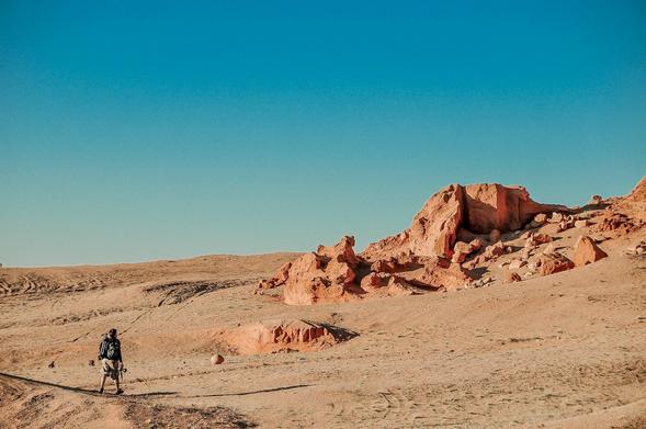 A person walking across the Gobi Desert.