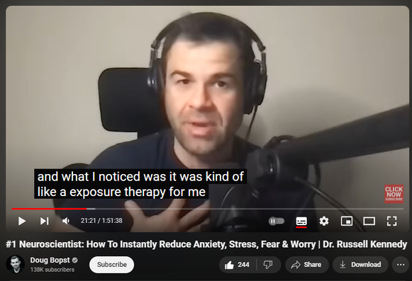 https://www.youtube.com/watch?v=8Orkym6cczM
#1 Neuroscientist: How To Instantly Reduce Anxiety, Stress, Fear & Worry | Dr. Russell Kennedy

9,169 views  31 Aug 2024  The Adversity Advantage Podcast (full episodes)
Dr. Russell Kennedy, aka “The Anxiety MD.” Dr. Kennedy specializes in the art and neuroscience of helping people recover from anxiety disorders. He knows anxiety from the inside out, as he developed his own anxiety disorder due to growing up with a dad with severe schizophrenia. Dr. Kennedy has degrees and advanced training in medicine, neuroscience and developmental psychology —but it’s not all science, as he is also a certified yoga and meditation teacher and was a professional stand-up comedian for over a decade (no joke!) In his award-winning book and audiobook, ANXIETY RX, he shows a practical, actionable program for anxiety relief that incorporates a combination of the latest in neuroscience with the grounding wisdom of the body with the ultimate goal of relieving the anxious thoughts of the mind.