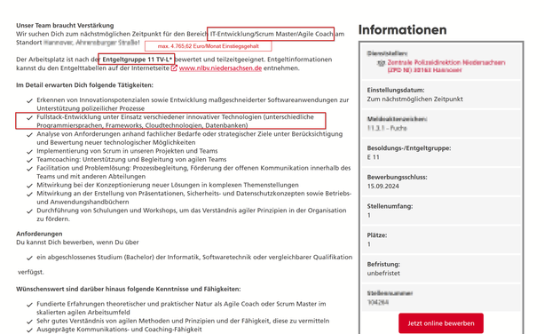 Screenshot einer Stellenausschreibung im öffentlichen Dienst