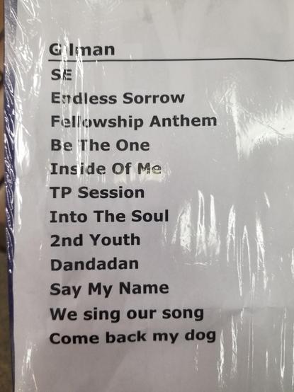Gilman hey smith set list
SE
Endless Sorrow
Fellowship Anthem
Be The One
Inside Of Me
TP Session
Into The Soul
2nd Youth
Dandadan
Say My Name
We sing our song
Come back my dog