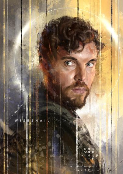 Portrait of Tom Hughes as Titus from the tv show "Those about to die". He is wearing dark armour and looking at the viewer. He has a short beard his hair is slightly curly at the top. A white halo surrounds his head.

