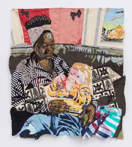 Photo of artwork by Krystle Lemonias. Pieced and printed fabric. A Black woman sitting on sofa holds a blond toddler.