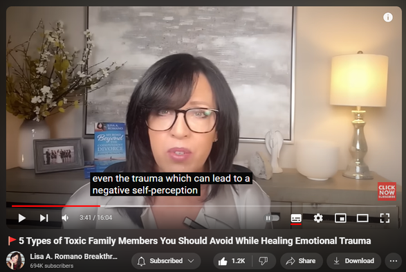 https://www.youtube.com/watch?v=ne38AvhpYtE
🚩5 Types of Toxic Family Members You Should Avoid While Healing Emotional Trauma

16,818 views  28 Aug 2024  Fawning Response; Codependency Recovery
There are 5 types of toxic family members you should avoid while healing emotional trauma, according to Life Coach and Emotional Wellness Expert Lisa A. Romano. When you are dealing with toxic family members and you are on a healing journey, it is essential to identify signs of toxic family members so that you can avoid them and prevent them from sabotaging your healing journey. If you have relatives who are toxic or if you wonder what a toxic family is and what the signs are, this session is for you. 

When you have family that is toxic, and you are doing all you can to heal from emotional trauma, neglect or childhood trauma, protecting your peace must be a priority. That's why in this session, you will learn about 5 key personality traits toxic family members exhibit and why you should avoid them while healing from emotional trauma. You will also learn about what emotional trauma is, what the impact is on one's mental health, and why you should avoid certain family members while on the emotional trauma healing journey.