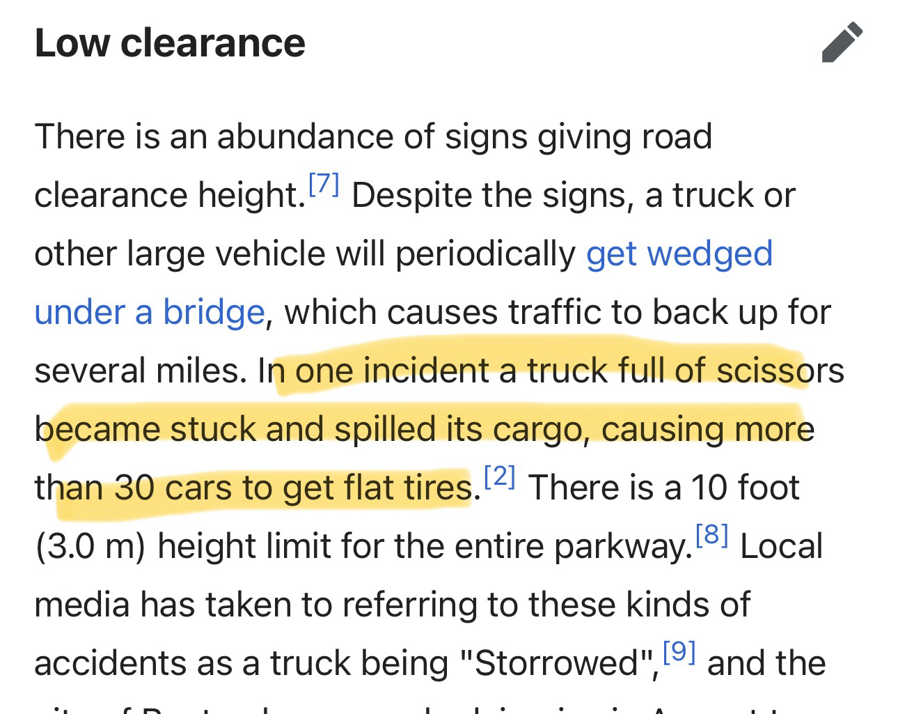 Screenshot from the Wikipedia page for Storrow Drive in Boston, describing a truck full of scissors getting stuck and dumping its cargo on the road, causing many flat tires. 