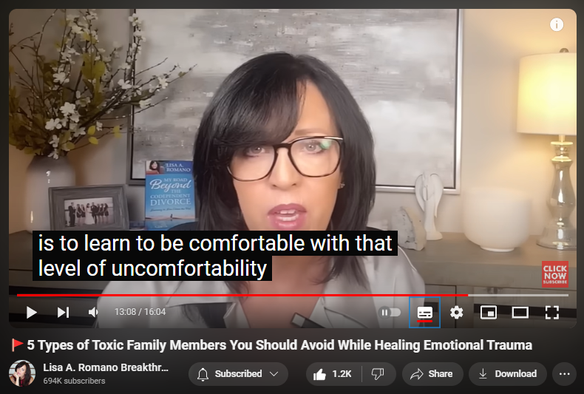 https://www.youtube.com/watch?v=ne38AvhpYtE
🚩5 Types of Toxic Family Members You Should Avoid While Healing Emotional Trauma

16,851 views  28 Aug 2024  Fawning Response; Codependency Recovery
There are 5 types of toxic family members you should avoid while healing emotional trauma, according to Life Coach and Emotional Wellness Expert Lisa A. Romano. When you are dealing with toxic family members and you are on a healing journey, it is essential to identify signs of toxic family members so that you can avoid them and prevent them from sabotaging your healing journey. If you have relatives who are toxic or if you wonder what a toxic family is and what the signs are, this session is for you. 

When you have family that is toxic, and you are doing all you can to heal from emotional trauma, neglect or childhood trauma, protecting your peace must be a priority. That's why in this session, you will learn about 5 key personality traits toxic family members exhibit and why you should avoid them while healing from emotional trauma. You will also learn about what emotional trauma is, what the impact is on one's mental health, and why you should avoid certain family members while on the emotional trauma healing journey.