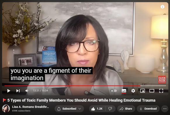 https://www.youtube.com/watch?v=ne38AvhpYtE
🚩5 Types of Toxic Family Members You Should Avoid While Healing Emotional Trauma
16,851 views  28 Aug 2024  Fawning Response; Codependency Recovery
There are 5 types of toxic family members you should avoid while healing emotional trauma, according to Life Coach and Emotional Wellness Expert Lisa A. Romano. When you are dealing with toxic family members and you are on a healing journey, it is essential to identify signs of toxic family members so that you can avoid them and prevent them from sabotaging your healing journey. If you have relatives who are toxic or if you wonder what a toxic family is and what the signs are, this session is for you. 

When you have family that is toxic, and you are doing all you can to heal from emotional trauma, neglect or childhood trauma, protecting your peace must be a priority. That's why in this session, you will learn about 5 key personality traits toxic family members exhibit and why you should avoid them while healing from emotional trauma. You will also learn about what emotional trauma is, what the impact is on one's mental health, and why you should avoid certain family members while on the emotional trauma healing journey.