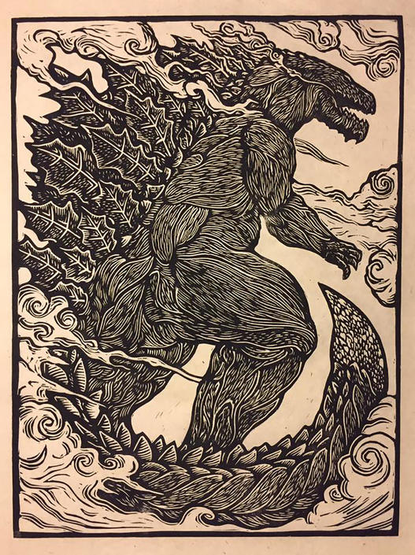 une très grande gravure, très détaillée, d'un kaiju 