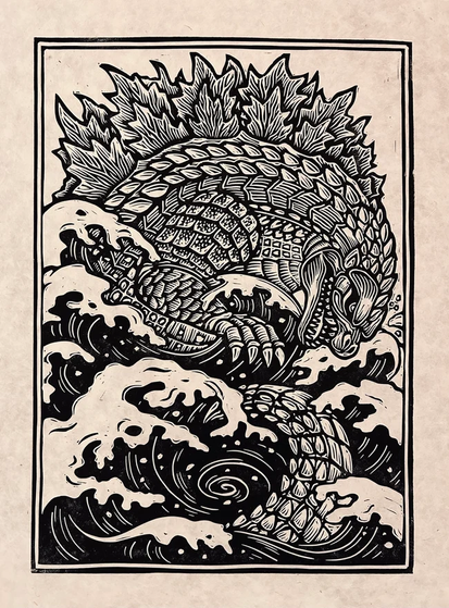 un autre très beau kaiju affrontannt les vagues 