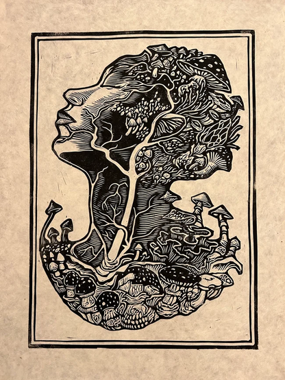 un portrait d'une femme envahi par des champignon (partie d'un tryptique appelé fungi, qu'on ne voit pas à l'image)