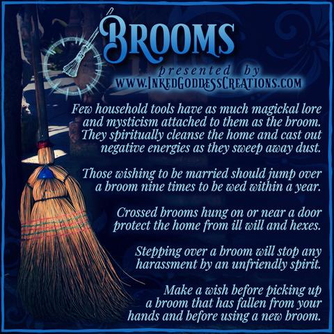A broom leans against a brick wall on the left side of the graphic. Its straw is gathered roughly into the shape of a woman with a head, arms, torso, and skirt. The text describes brooms, a portion of their symbolism, and ways to use them in your spellwork. Presented by Inked Goddess Creations.