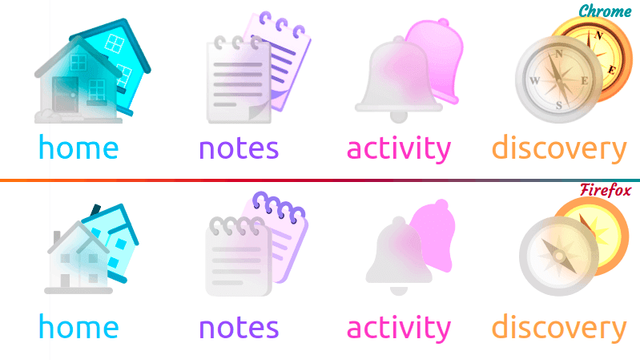 Chrome (top) and Firefox (bottom) screenshot collage of the emoji glassmorphism effect for comparison. The emojis are obviously different, but the result is otherwise pretty similar.