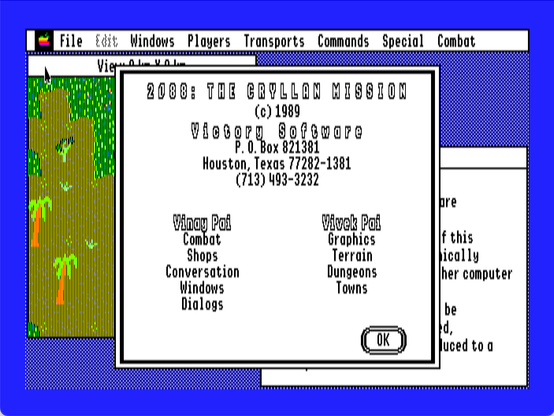 about box screenshot from "2088: The Cryllan Mission" Vinay Pai- combat, shops, conversation, windows, dialogs. Vivek Pai- graphics, terrain, dungeons, towns.