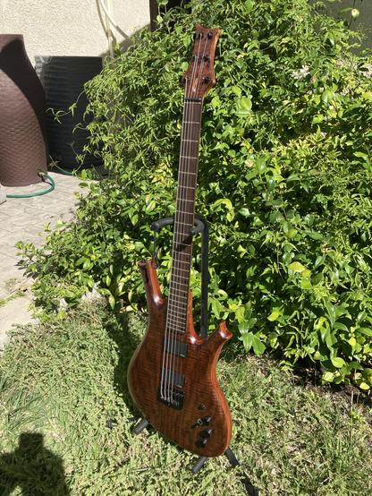 A sunlit baritone guitar sits on a stand in a yard, with foliage behind it.