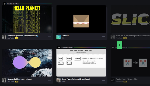 First "trending" page on CodePen with my "No text duplication stroke shadow 🌊" and my "No matrix filter gooey effect" demos. A bit of the second "trending" page can be seen and my "Slice!" demo is there too.
