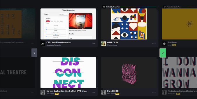 Third "trending" page on CodePen with my "Disconnect - no text duplication slice & offset" and my "Dizzy - pure CSS 3D" demos. A bit of the fourth "trending" page can be seen and my "I don't wanna grow up - no text duplication blended layers" demo is there too.