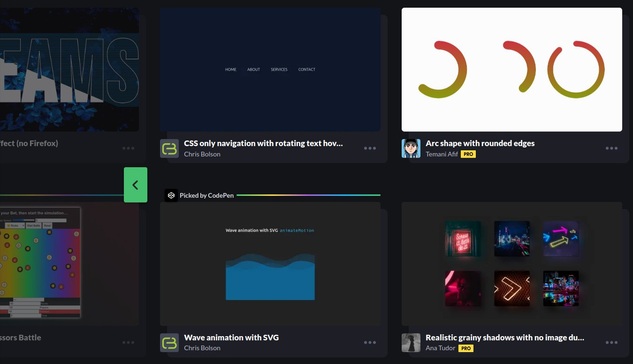 Fifth "trending" page on CodePen with my "Realistic grainy shadows with no image duplication" demo. A bit of the fourth "trending" page can be seen and my "Dreams - pure CSS text effect" demo is there too.