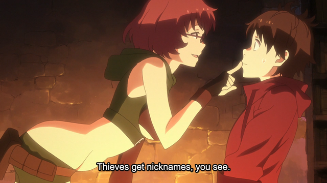 A woman (Barbara), in a bent over stance, placing a finger on the lips of a boy (Haruhiro) to stop him from saying his name. She's saying, "Thieves get nicknames, you see."