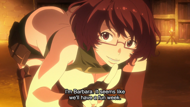 A woman (Barbara), looking at the viewer, seen from the front, in a bent over stance that makes her cleavage and rear quite visible in frame. She's saying, "I'm Barbara. It seems like we'll have a fun week."