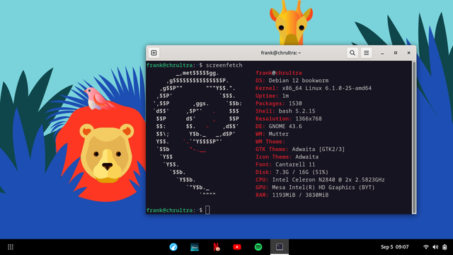 Desktop screenshot with background of cartoon wild animals with a terminal window open which shows the results of a screenfetch command.