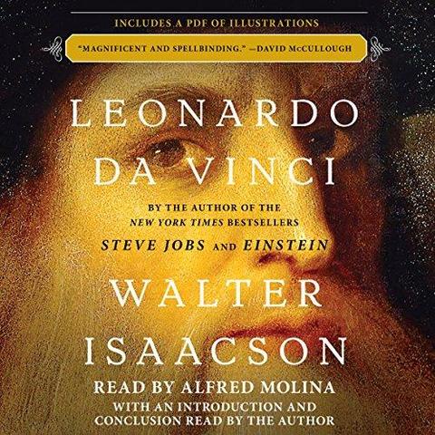 Cover art for audiobook Leonardo Da Vinci. The main focus is a close-up of an oil painting by Leonardo, showing what is presumably his self portrait.