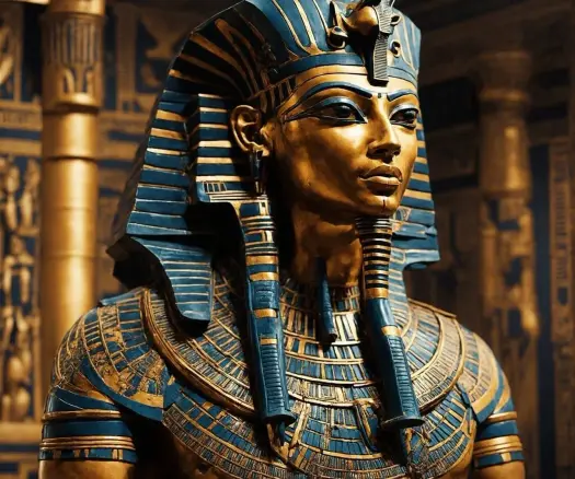 Escultura dorada de un faraón egipcio, adornado con un tocado azul y dorado, representando su estatus divino y su poder en el antiguo Egipto.