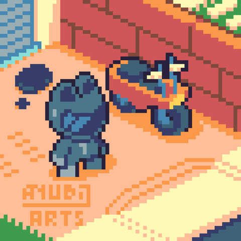 An Isometric Pixel Art featuring a tiny fella in a gray outfit, wearing a motorbike cat helmet while facing the bottom right direction. Next to them, there's an orange Motocompo, also facing the bottom right direction. They're in front of a garage that has some oil spilled, along with some skid marks around it. There's a brick wall close to the Motocompo, with the neighbor's house being barely visible. Motocompo my beloved... The cat helmet is fine too, I guess. Palette used is mem16.