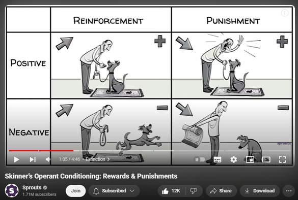 https://www.youtube.com/watch?v=ne6o-uPJarA
Skinner’s Operant Conditioning: Rewards & Punishments


964,005 views  30 Jun 2020  #unschooling
We made a book! The Unschooler’s Educational Dictionary. Order your copy now https://www.amazon.com/Unschoolers-Ed... and discover a world beyond traditional schooling, revolutionize your understanding of education, and empower your approach to parenting and teaching. #unschooling

About this video lesson:
Operant conditioning is based on the idea that we can increase or decrease a certain behavior by adding a consequence.

Script: Selina Bador
Artist: Pascal Gaggelli
Voice: Mithril
Recording: Notienatsu
Editing: Peera Lertsukittipongsa
Creative Director: Jonas Koblin
Made with MinuteVideos