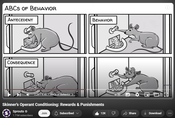 https://www.youtube.com/watch?v=ne6o-uPJarA
Skinner’s Operant Conditioning: Rewards & Punishments

964,005 views  30 Jun 2020  #unschooling
We made a book! The Unschooler’s Educational Dictionary. Order your copy now https://www.amazon.com/Unschoolers-Ed... and discover a world beyond traditional schooling, revolutionize your understanding of education, and empower your approach to parenting and teaching. #unschooling

About this video lesson:
Operant conditioning is based on the idea that we can increase or decrease a certain behavior by adding a consequence.

Script: Selina Bador
Artist: Pascal Gaggelli
Voice: Mithril
Recording: Notienatsu
Editing: Peera Lertsukittipongsa
Creative Director: Jonas Koblin
Made with MinuteVideos