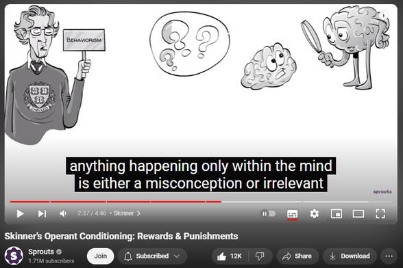 https://www.youtube.com/watch?v=ne6o-uPJarA
Skinner’s Operant Conditioning: Rewards & Punishments

964,005 views  30 Jun 2020  #unschooling
We made a book! The Unschooler’s Educational Dictionary. Order your copy now https://www.amazon.com/Unschoolers-Ed... and discover a world beyond traditional schooling, revolutionize your understanding of education, and empower your approach to parenting and teaching. #unschooling

About this video lesson:
Operant conditioning is based on the idea that we can increase or decrease a certain behavior by adding a consequence.

Script: Selina Bador
Artist: Pascal Gaggelli
Voice: Mithril
Recording: Notienatsu
Editing: Peera Lertsukittipongsa
Creative Director: Jonas Koblin
Made with MinuteVideos