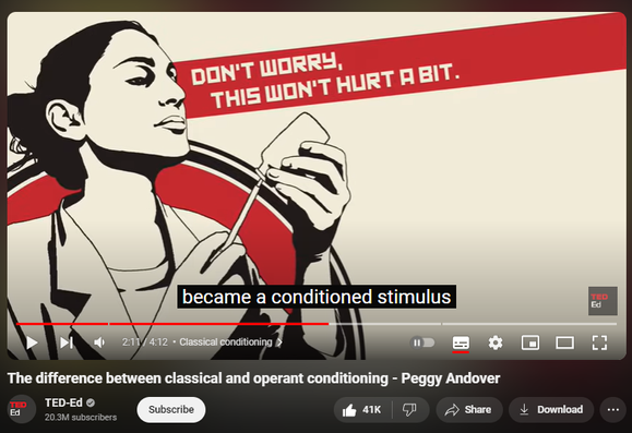 https://www.youtube.com/watch?v=H6LEcM0E0io
The difference between classical and operant conditioning - Peggy Andover
3,177,646 views  7 Mar 2013
View full lesson: http://ed.ted.com/lessons/the-differe...

Why is it that humans react to stimuli with certain behaviors? Can behaviors change in response to consequences? Peggy Andover explains how the brain can associate unrelated stimuli and responses, proved by Ivan Pavlov's famous 1890 experiments, and how reinforcement and punishment can result in changed behavior. 

Lesson by Peggy Andover, animation by Alan Foreman.