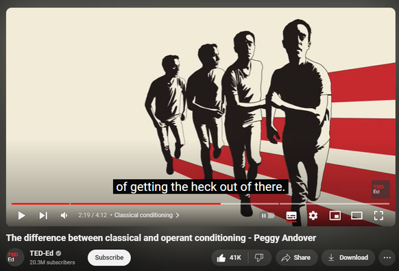 https://www.youtube.com/watch?v=H6LEcM0E0io
The difference between classical and operant conditioning - Peggy Andover
3,177,646 views  7 Mar 2013
View full lesson: http://ed.ted.com/lessons/the-differe...

Why is it that humans react to stimuli with certain behaviors? Can behaviors change in response to consequences? Peggy Andover explains how the brain can associate unrelated stimuli and responses, proved by Ivan Pavlov's famous 1890 experiments, and how reinforcement and punishment can result in changed behavior.