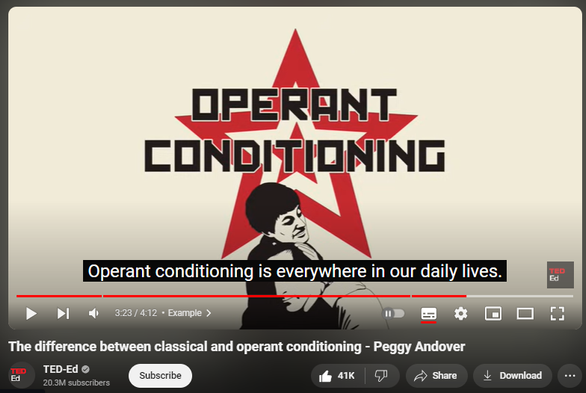 https://www.youtube.com/watch?v=H6LEcM0E0io
The difference between classical and operant conditioning - Peggy Andover


3,177,646 views  7 Mar 2013
View full lesson: http://ed.ted.com/lessons/the-differe...

Why is it that humans react to stimuli with certain behaviors? Can behaviors change in response to consequences? Peggy Andover explains how the brain can associate unrelated stimuli and responses, proved by Ivan Pavlov's famous 1890 experiments, and how reinforcement and punishment can result in changed behavior.