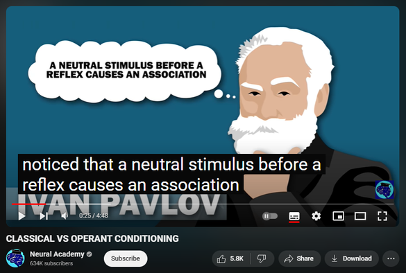 https://www.youtube.com/watch?v=PRdCowYEtAg
CLASSICAL VS OPERANT CONDITIONING

418,944 views  19 Jan 2019
Psychologists define learning as a long lasting change in behaviour as a result of experience. Classical and operant conditioning both lead to learning. What’s the difference between them? Classical conditioning was first described by Ivan Pavlov, and is the association of a stimulus with an involuntary response. It focuses on involuntary, automatic behaviours. Pavlov noticed that a neutral stimulus before a reflex causes an association. He conduced an experiment in which he rang a bell before presenting dogs with food. When dogs see or smell food, they salivate. No one taught them to do this. It is an unconditioned response to an unconditioned stimulus. Of course, that is not how dogs would normally respond to seeing or hearing a bell ring. This is a neutral stimulus. However, Pavlov found that if he always rang a bell before presenting dogs with food, then they eventually began to salivate as soon as they heard the bell, even when there was no food around. The bell has now become a conditioned stimulus, and the dogs salivate as a conditioned response. Operant conditioning, first described by B.F. Skinner, is the association of a voluntary behaviour with a consequence. Skinner found three types of environmental responses, or operants, that can follow a behaviour. Reinforcers, punishers, and neutral operants.