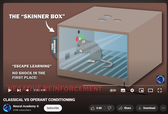 https://www.youtube.com/watch?v=PRdCowYEtAg
CLASSICAL VS OPERANT CONDITIONING
418,944 views  19 Jan 2019
Psychologists define learning as a long lasting change in behaviour as a result of experience. Classical and operant conditioning both lead to learning. What’s the difference between them? Classical conditioning was first described by Ivan Pavlov, and is the association of a stimulus with an involuntary response. It focuses on involuntary, automatic behaviours. Pavlov noticed that a neutral stimulus before a reflex causes an association. He conduced an experiment in which he rang a bell before presenting dogs with food. When dogs see or smell food, they salivate. No one taught them to do this.