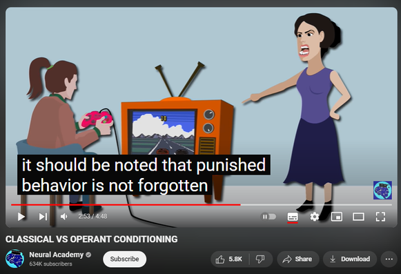 https://www.youtube.com/watch?v=PRdCowYEtAg
CLASSICAL VS OPERANT CONDITIONING

418,944 views  19 Jan 2019
Psychologists define learning as a long lasting change in behaviour as a result of experience. Classical and operant conditioning both lead to learning. What’s the difference between them? Classical conditioning was first described by Ivan Pavlov, and is the association of a stimulus with an involuntary response. It focuses on involuntary, automatic behaviours. Pavlov noticed that a neutral stimulus before a reflex causes an association. He conduced an experiment in which he rang a bell before presenting dogs with food. When dogs see or smell food, they salivate. No one taught them to do this. It is an unconditioned response to an unconditioned stimulus. Of course, that is not how dogs would normally respond to seeing or hearing a bell ring. This is a neutral stimulus. However, Pavlov found that if he always rang a bell before presenting dogs with food, then they eventually began to salivate as soon as they heard the bell, even when there was no food around.