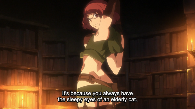 A woman (Barbara) stretching upward, seen from the side, saying, "It's because you always have the sleepy eyes of an elderly cat."