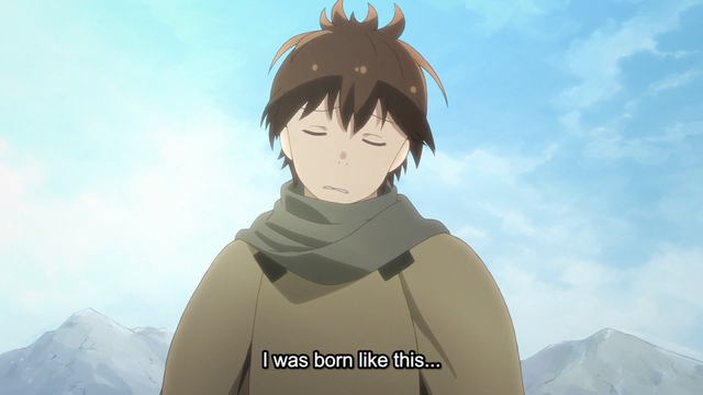 A boy (Haruhiro) with an unhappy expression thinking, "I was born like this..."