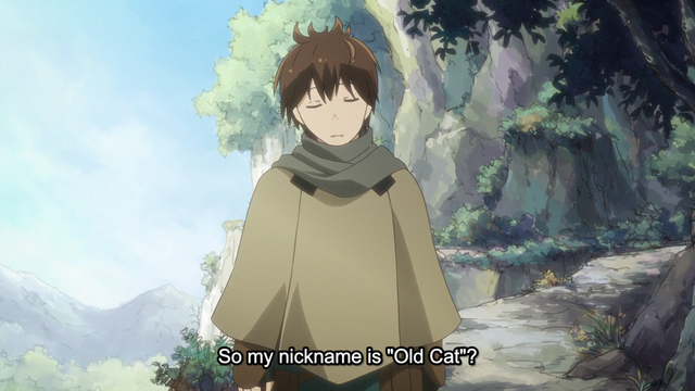 A boy (Haruhiro) with an unhappy expression thinking, "So my nickname is "Old Cat"?"