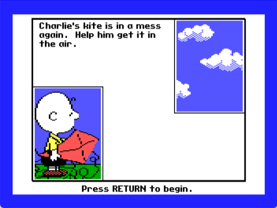 gameplay screenshot from "Peanuts Maze Marathon" - Charlie's kite is a mess again. Help him get it in the air.