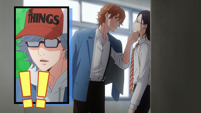 Two teenage boys (Kikuchihara and Giichi) appearing to be close in a hallway, possibly about to kiss, as a different teenage boy (Rei) appears surprised by what he's seeing.