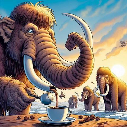 Eine karikaturhafte Szene mit einem Mammut, das Kaffee in eine Tasse gießt, während andere Mammuts im Hintergrund vor einem Sonnenuntergang stehen. Die Einstellung umfasst verstreute Kaffeebohnen auf einem Tisch.