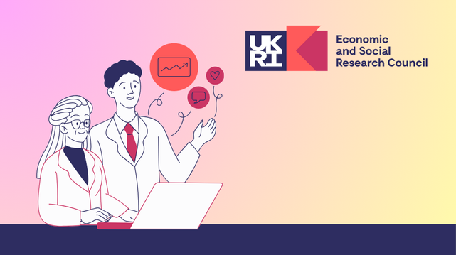ESRC logo, two figures in front of a computer