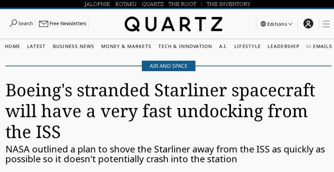 Unmanned Starliner to leave International Space Station
Headlines Quartz 2024 Sep.05