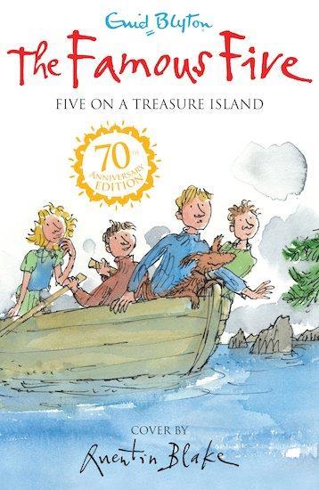Quentin Blake illustrated cover to "Five on a Treasure Island", featuring a girly girl, three apparent boys and a dog in a rowboat