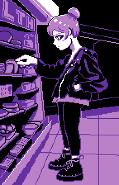pixel art in four colors (purple). Shows a woman browsing a cooler in a grocery, reaching out and looking at food. She's got her hair up in a bun, and she's wearing a black leather jacket over her dress, over a pair of black leggings and combat boots.