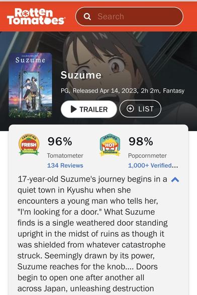 Screenshot of Suzume's phenomenal ratings on Rotten Tomatoes, which one will likely concur with after watching this amazingly moving animation.