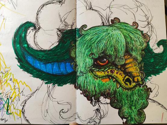 Unfinished illustration of a dragon with a lot of green hair.