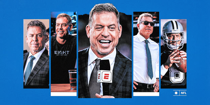 5-panel collage of Troy Aikman photos with the prominent center one being a smiling Troy holding the ESPN microphone and wearing a suit & tie. The other vertically-oriented bookmark-style photos show Troy in a suit, in an "Eight" beer t-shirt with a pint of lager on the table in front of him and a smile on his face, on the sideline with a pair of dark sunglasses on, and as Dallas Cowboys quarterback holding the ball while dropping back for a pass wearing the visitor blue uniform & familiar Cowboys star helmet.